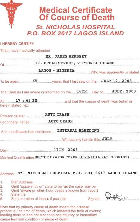 The late Mr Herbert’s death certificate