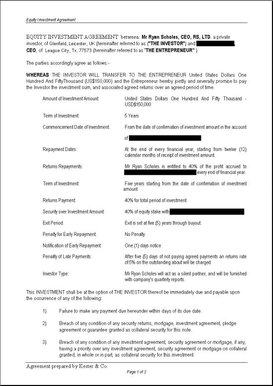 Page 1 of the lawyer’s agreement