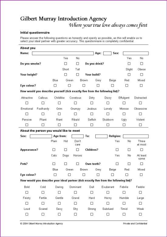 Gilbert’s introduction agency questionnaire