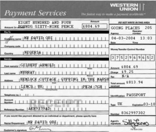 Gilbert’s forged Western Union receipt