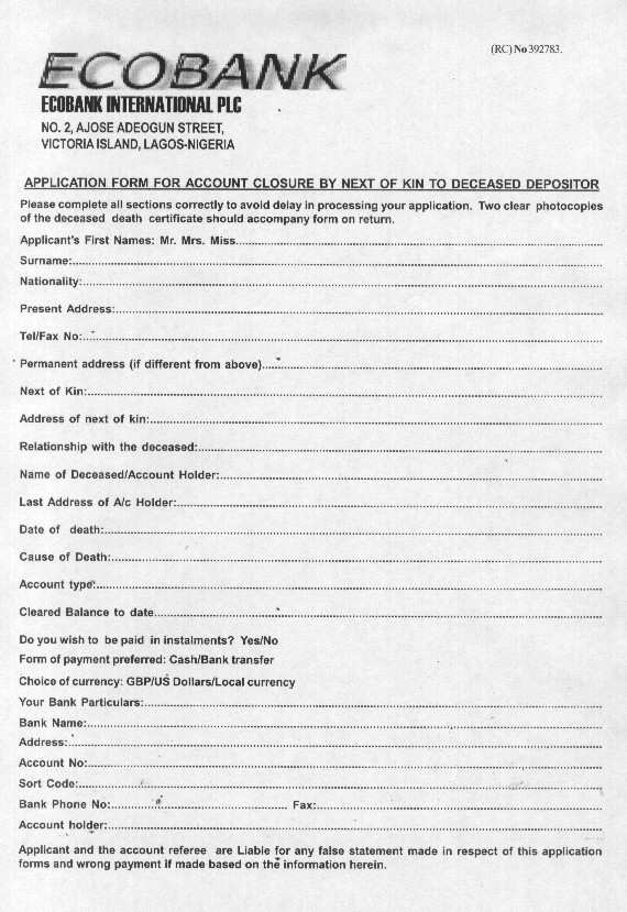 Page 1 of the account closure application document