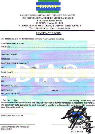 The bank’s remittance form